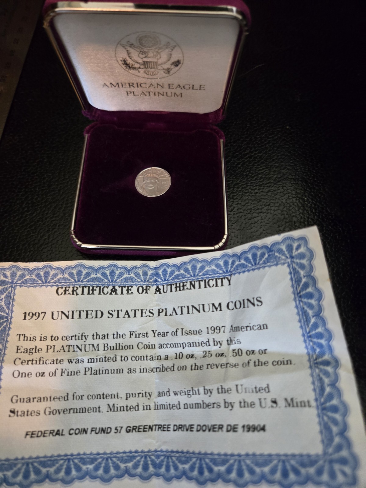 1997 $10 1/10 Oz .9995 PLATINUM American EAGLE Proof Coin + BOX and COA