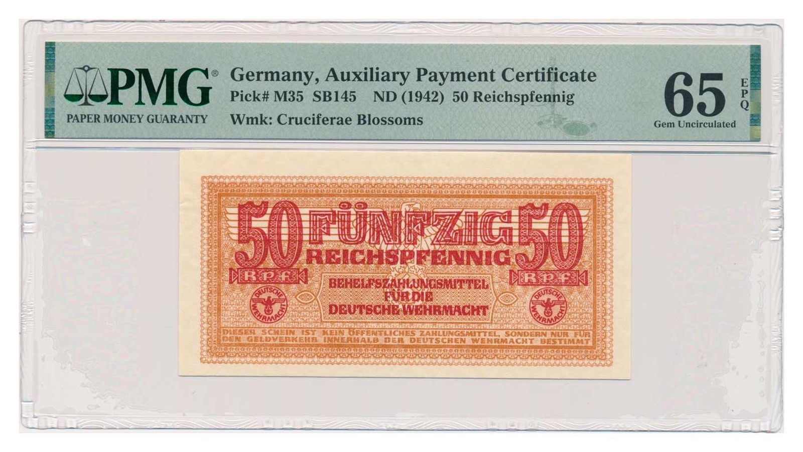 GERMANY banknote 50 Reichspfennig 1942 PMG MS 65 EPQ Gem Uncirculated