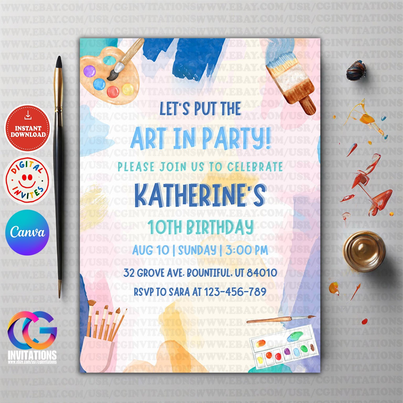 EDITABLE Art Paint Birthday Party Invitation Template, Free thank you card