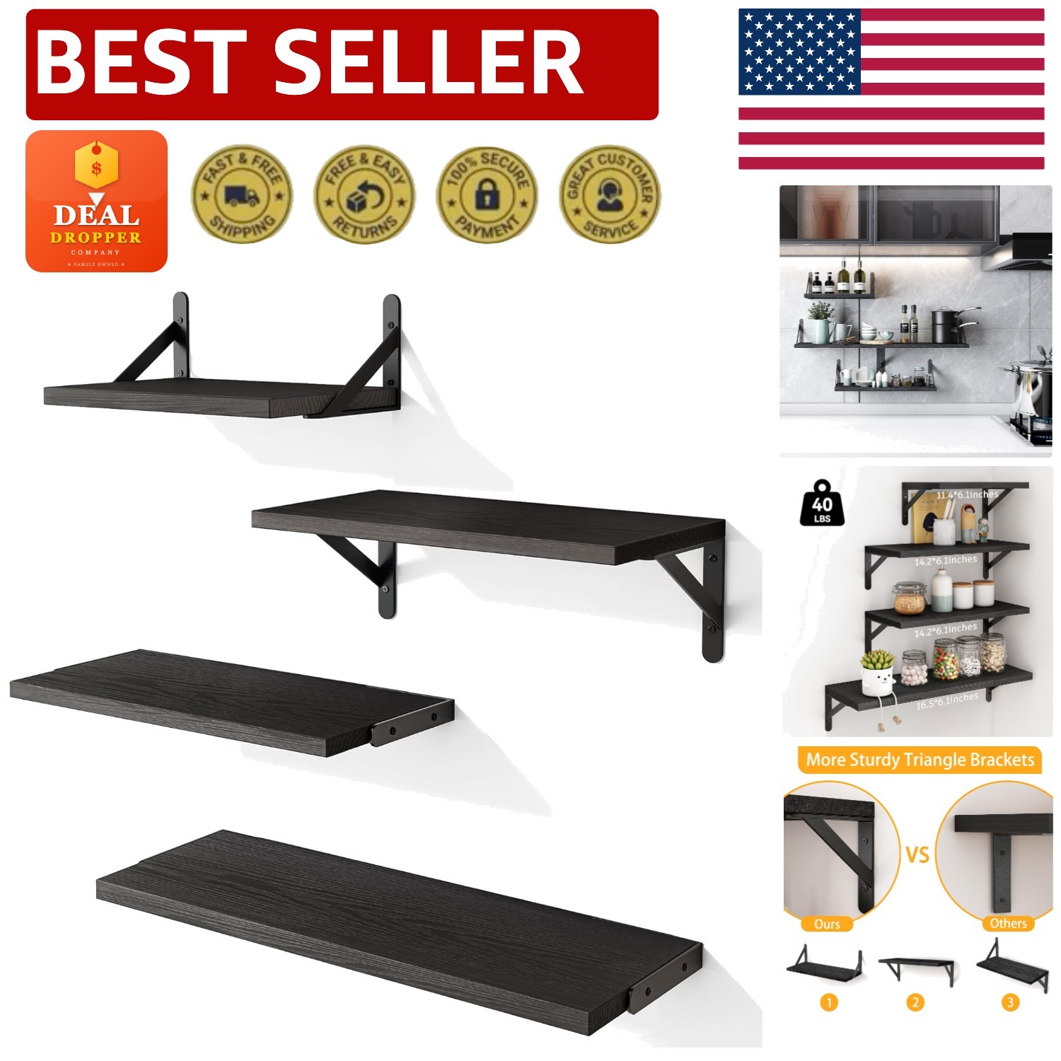 Multi-Sized Rustic Black Floating Shelves - Stylish Organization for Every Room