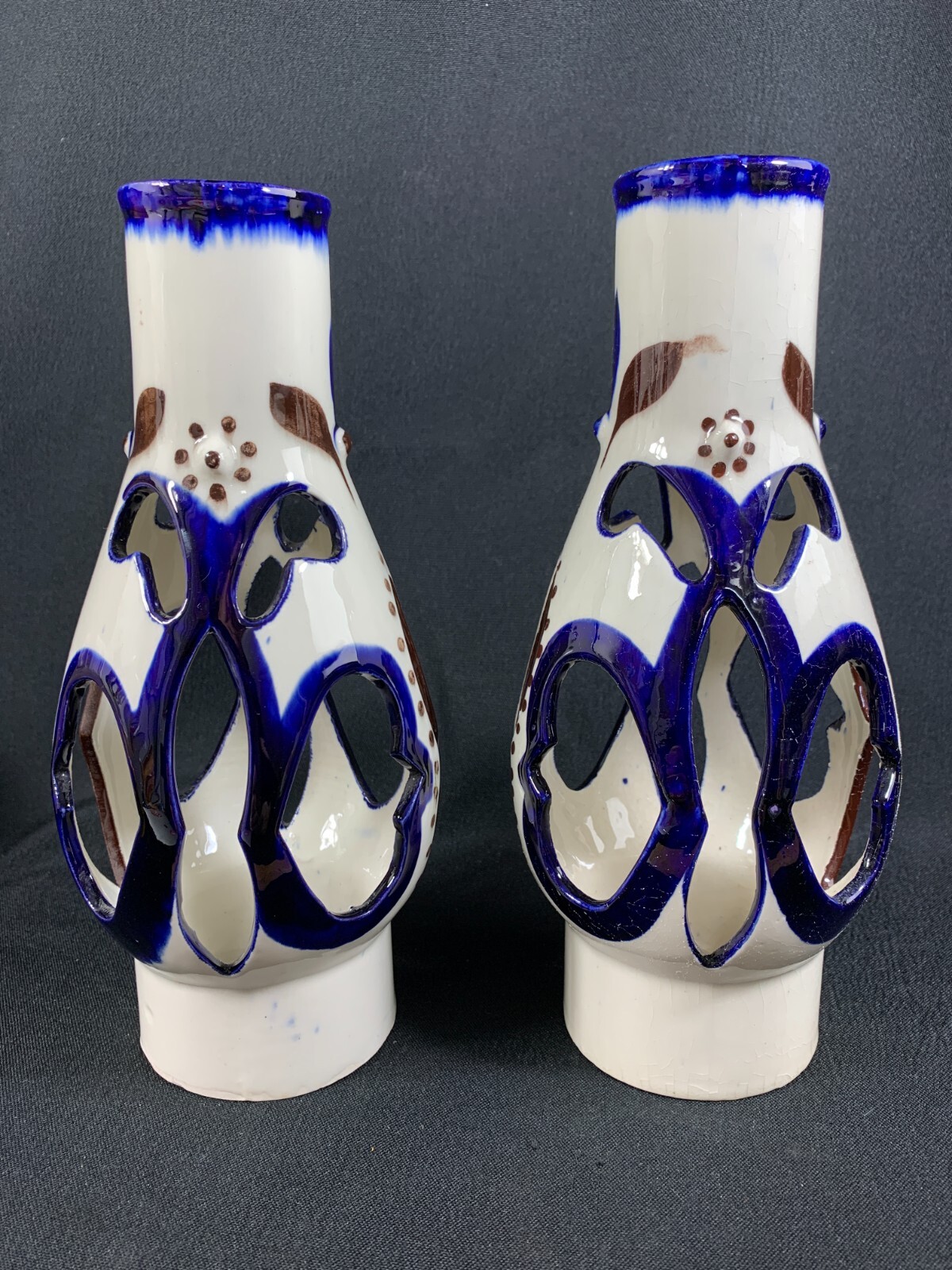 2 Blue White Cut Ceramic Pottery Chimney Shades Oil Lamp Hurricane Studio Art