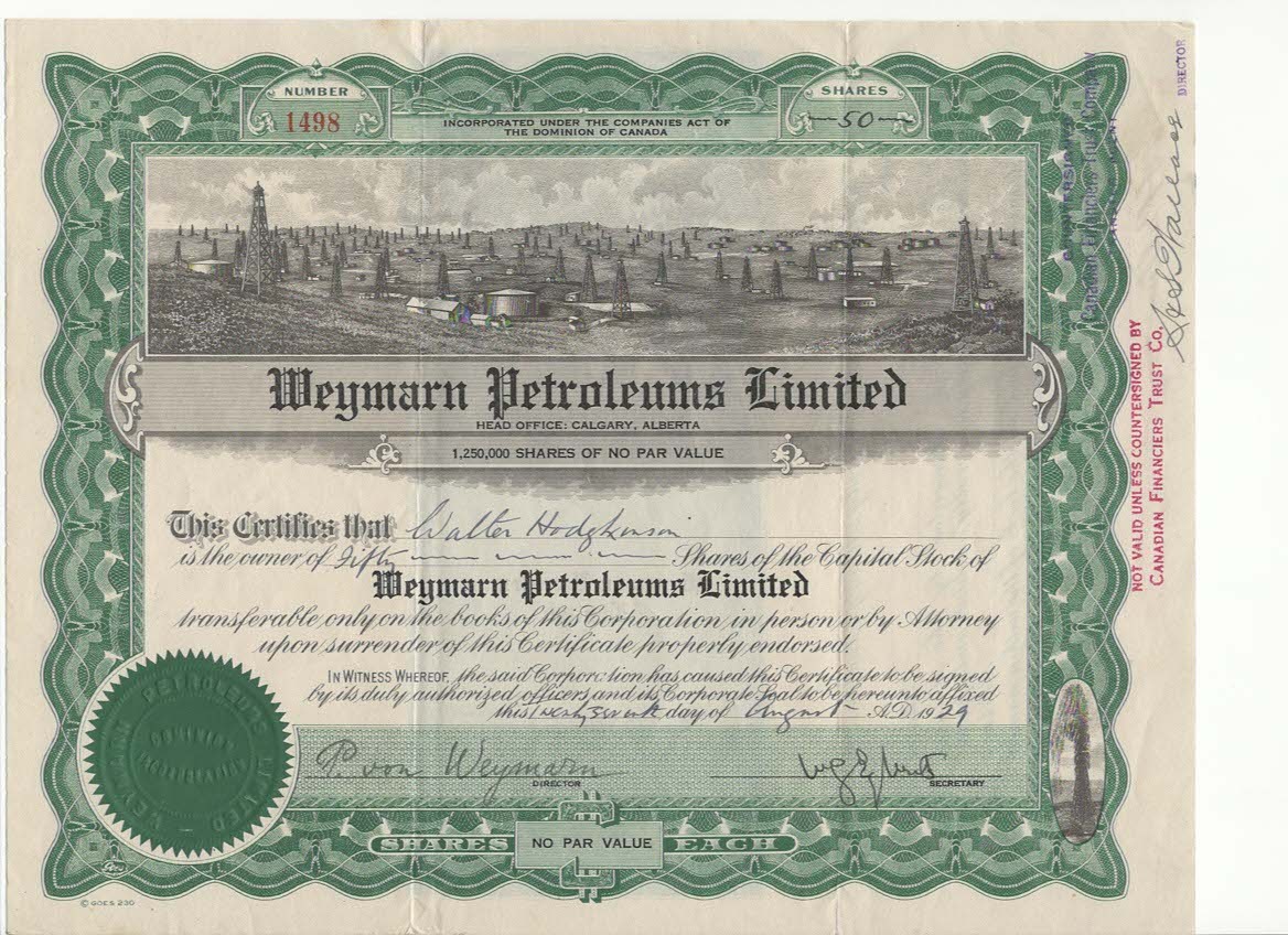 SIGNED Weymarn Petroleums Limited 1929 Stock Certificate Canada w/Receipt