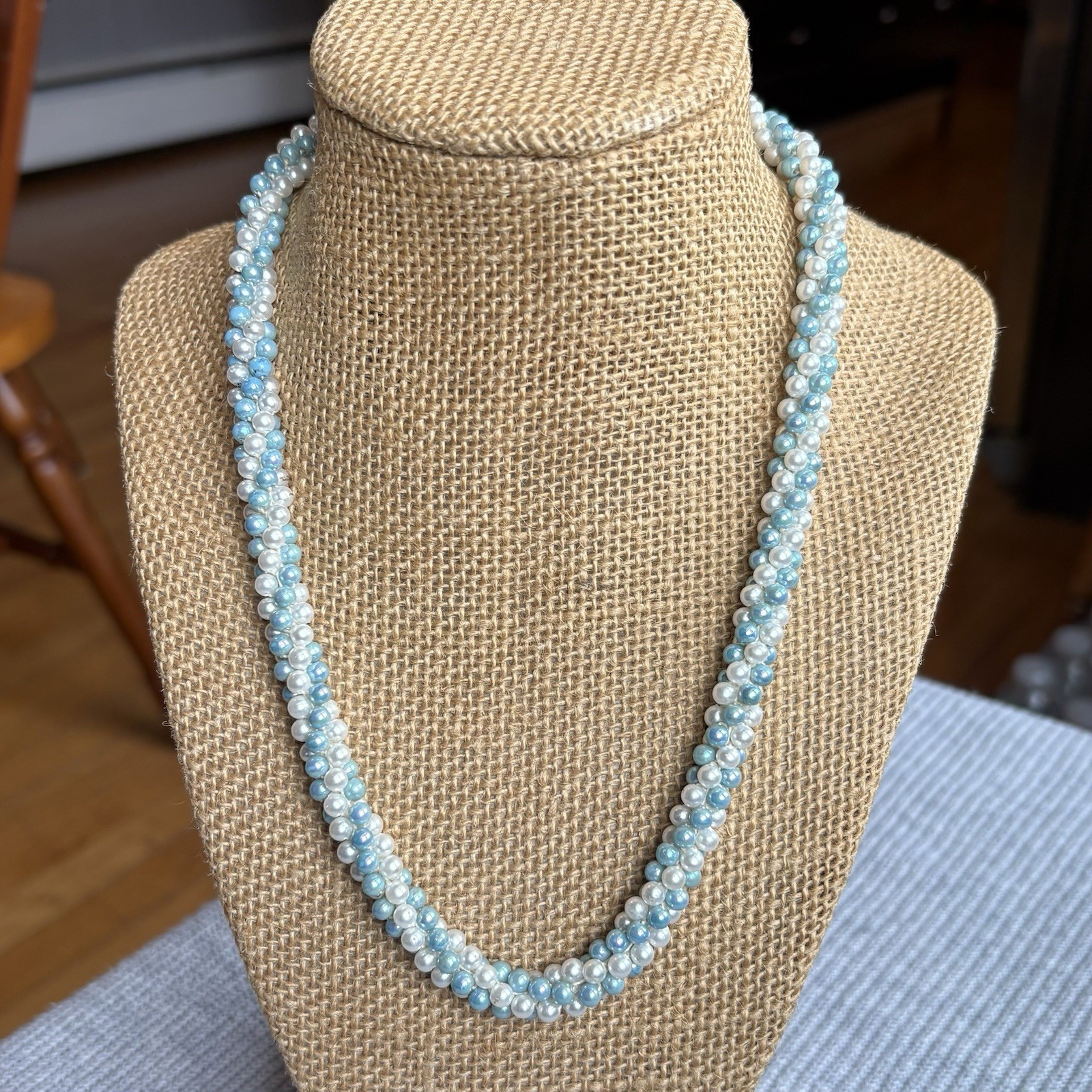 Vintage Multi Strand Blue White Faux Pearl Beaded Necklace