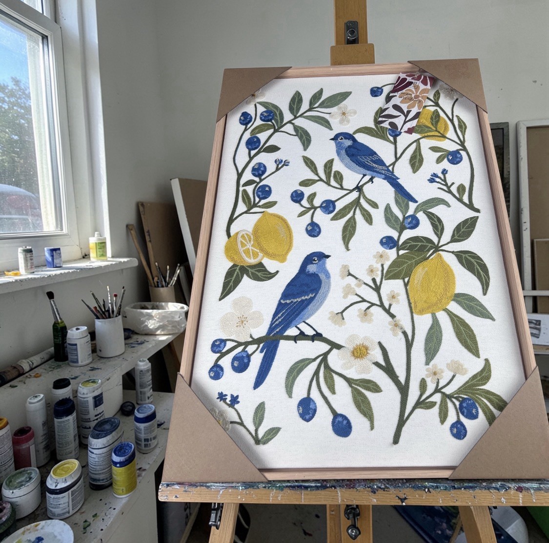 BP Home Blue Bird Lemon Botanical Embroidered Framed Textile Wall Art 18x26