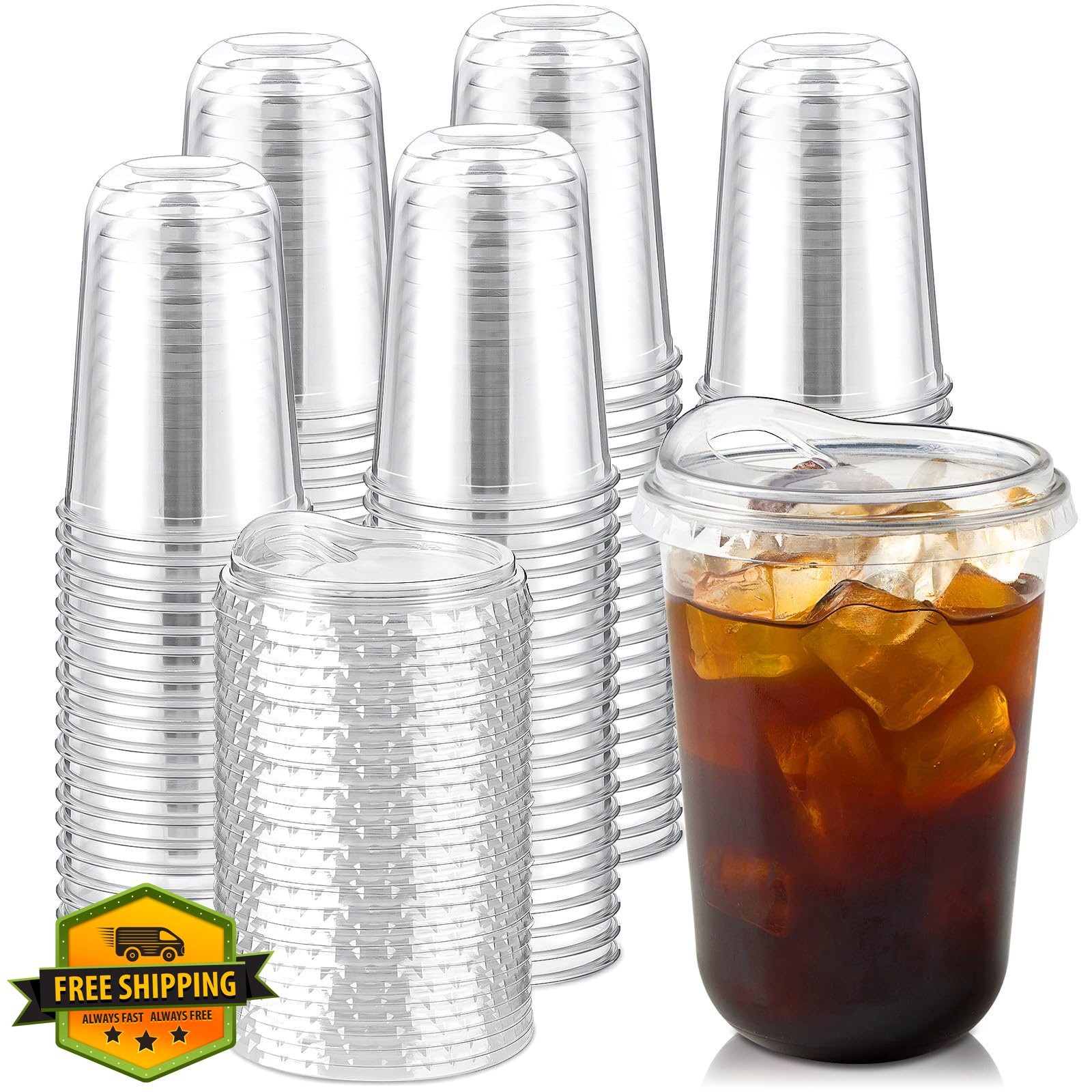 Jycnolm 16oz Clear Plastic Cups Sip Lids 100 Sets Iced Coffee