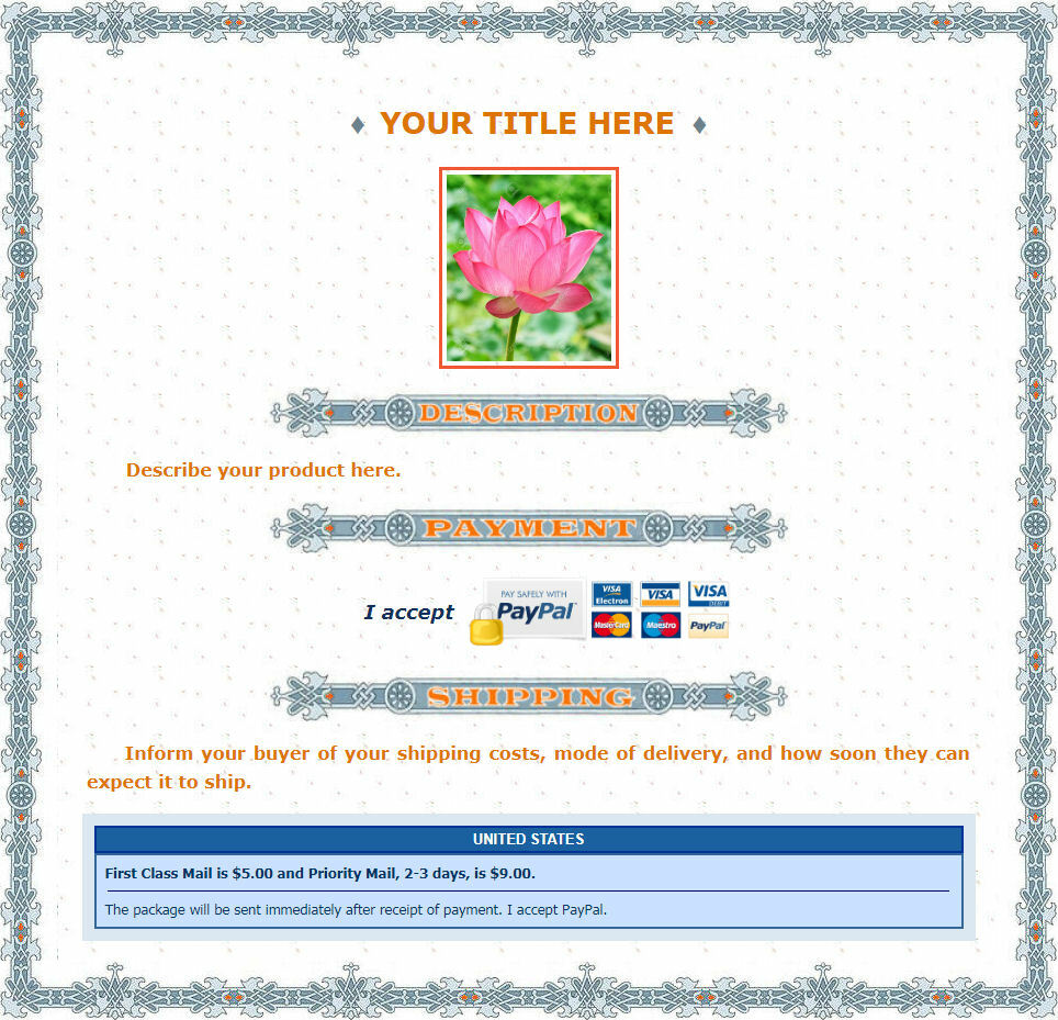 AUCTION TEMPLATE Crown Frame Border Design Turquoise Orange - FREE Shipping