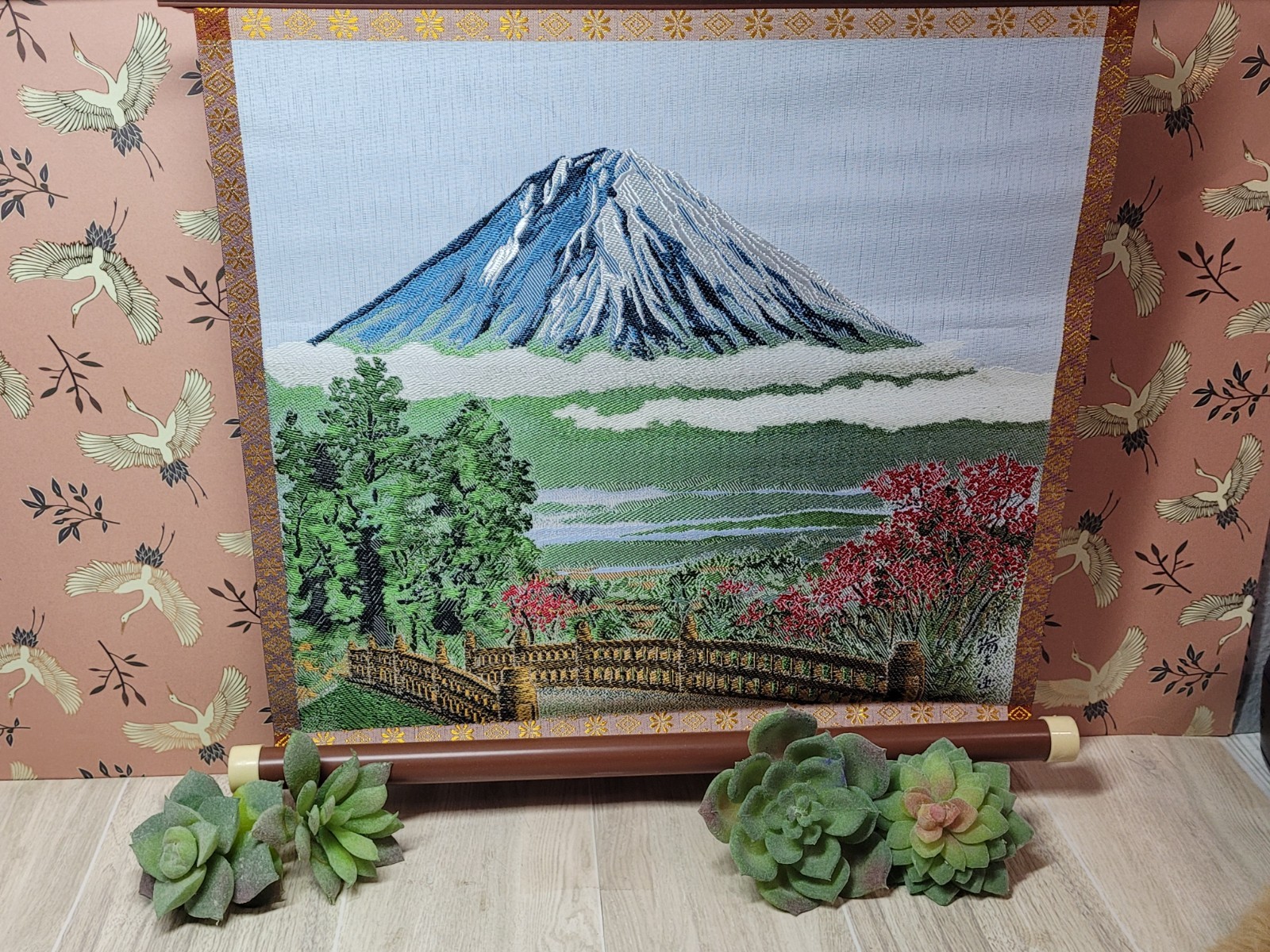 Vtg Japanese Silk Embroidered Wall Art Tapestry Ready To Frame Mt Fujii w Bridge