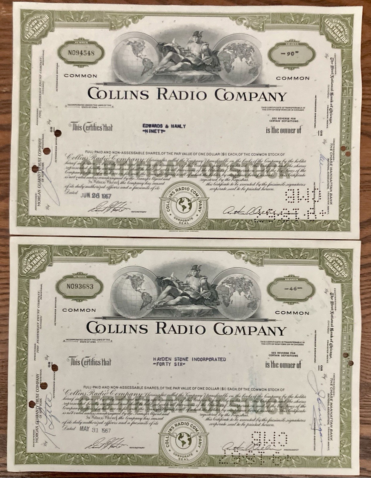 Collins Radio Company Vintage Less Than 100 Shares Stock Certificates Lot of 2
