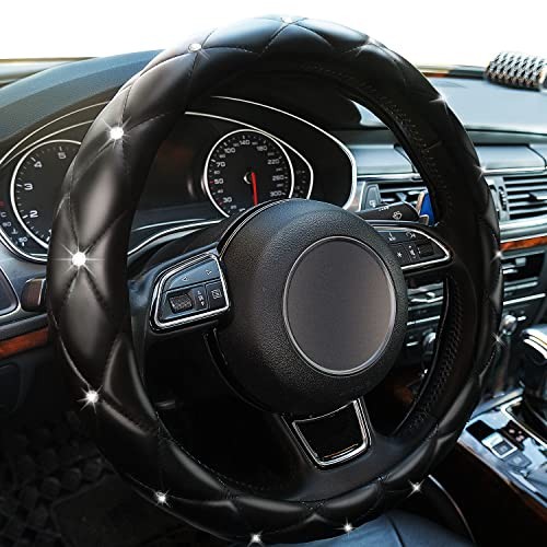  Diamond Leather Bling Steering Wheel Cover, Universal Car Steering Wheel Black