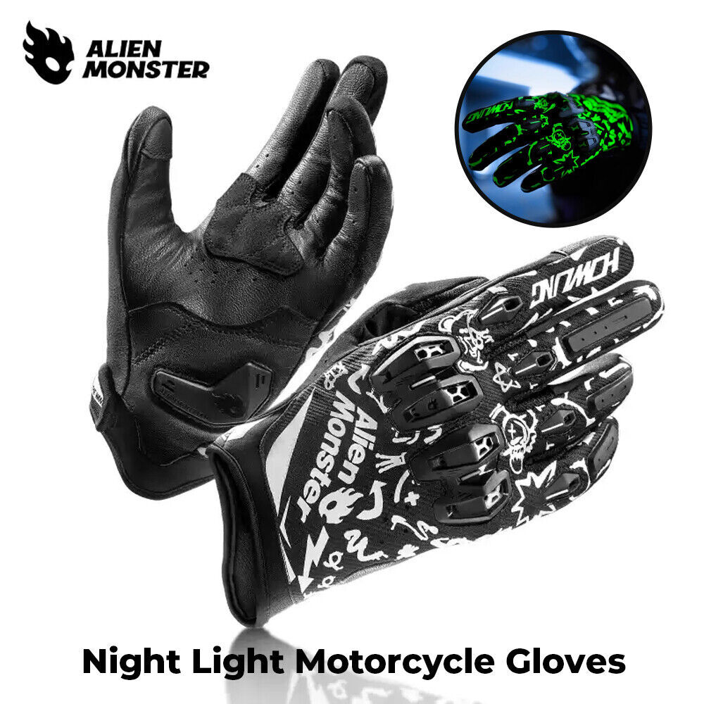 Alien Monster Night Light Motorcycle Gloves Cycling Riding Leather Touch Screen
