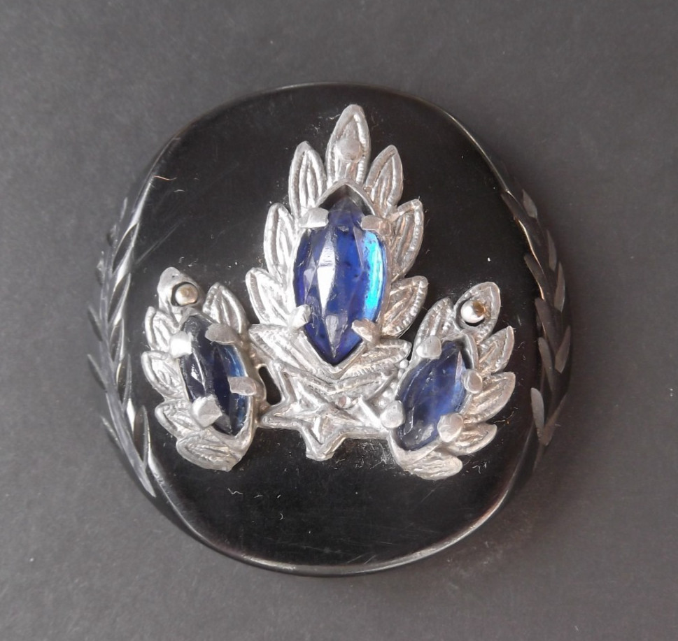 Large Antique Bakelite coat button Blue pastes White metal escutcheon