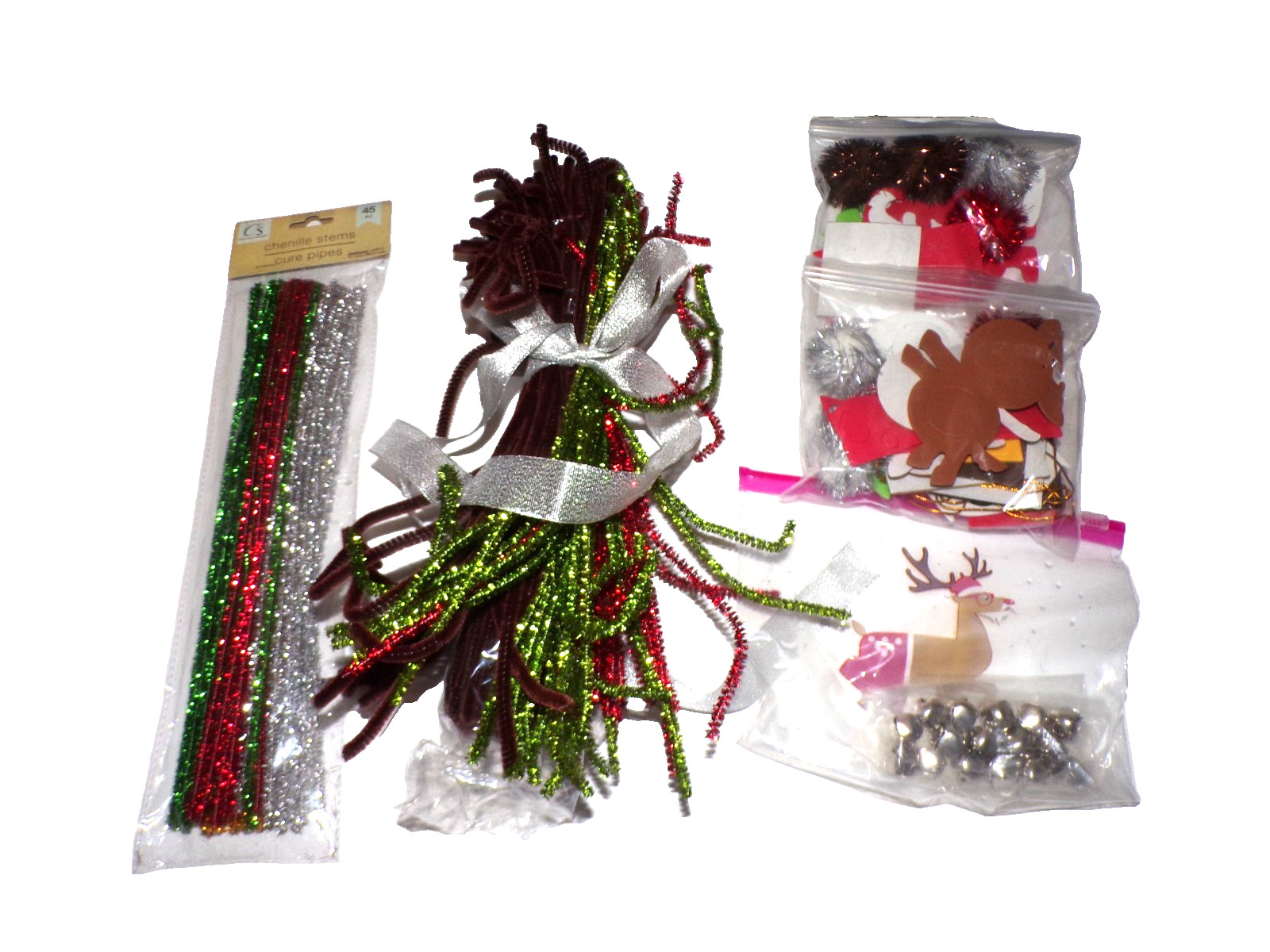 100pc+ Crafters Square DECO Christmas Lot stems pom poms 16 jingle bells CSbxUM