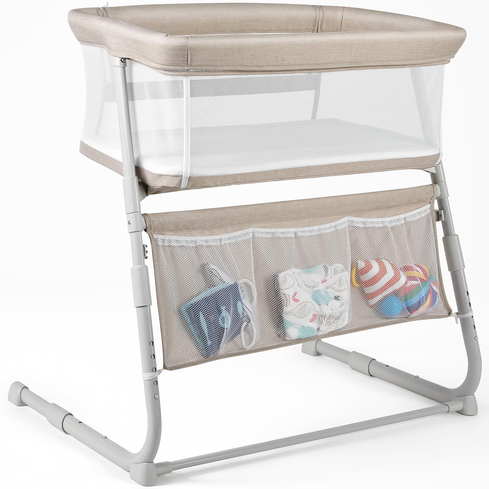 Bedside Bassinet Crib 5 Position Height Adjust Breathable Mesh Wall Beige 4-41