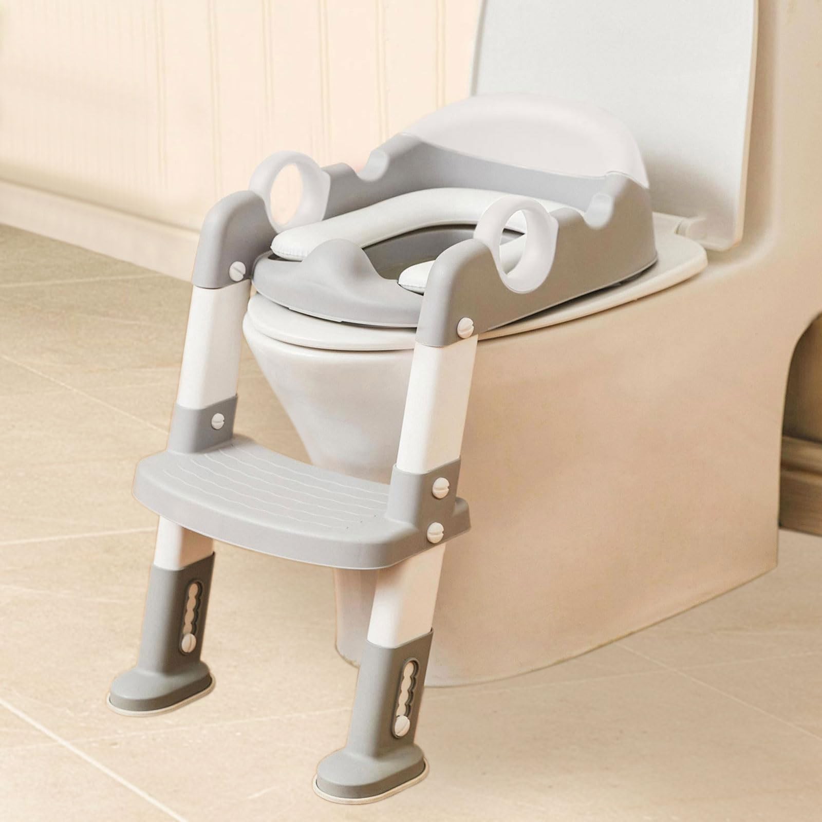 Potty Training Seat with Step Stool Ladder for Kids and Grey White 