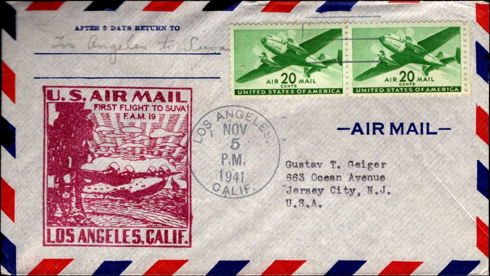 1941 U.S. Airmail First Flight FAM-19 Los Angeles to Suva Fiji Cover