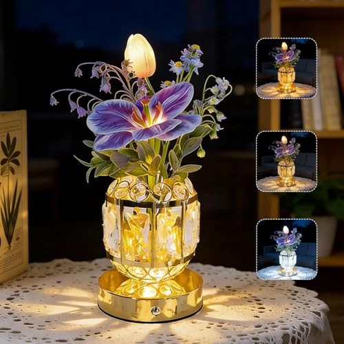Flower Crystal Table Lamp, 3-Color Dimmable Small Night Light, Purple