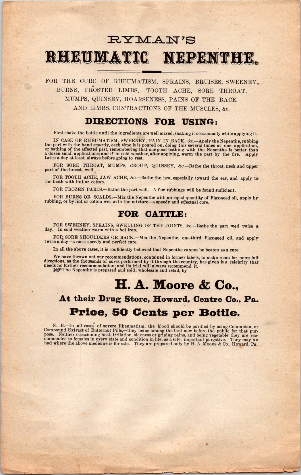 1900S RYMANS RHEUMATIC NEPENTHE H A MOORE CO QUACK MEDICINE HOWARD PA