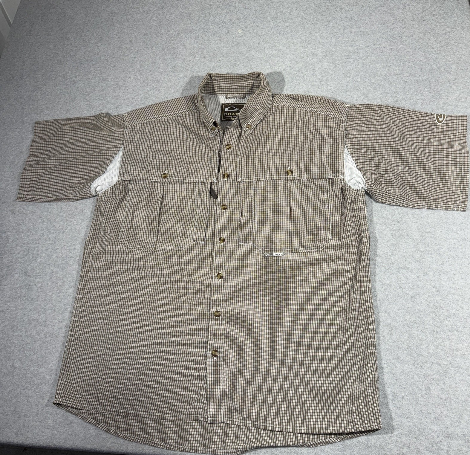 Drake Mesh Lined Plaid Button-Front Outdoor Shirt Brown White Short Sleeve S