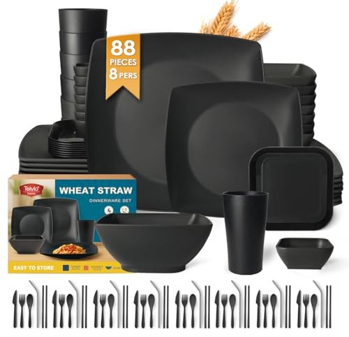  88-piece With Flatware Plastic Kitchen Wheat Straw Square Dinnerware Set Black
