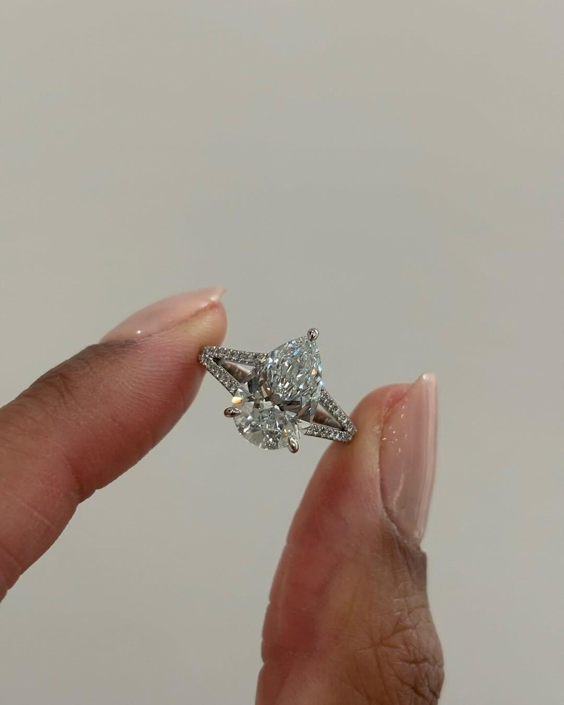 3 CT Pear Cut Split Shank VVS1 Moissanite Engagement Ring Solid 14K White Gold