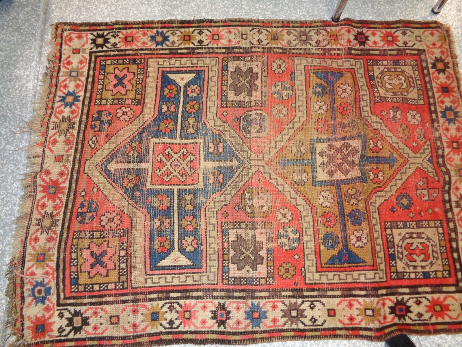 Antique Soumak Flatweave Rug Stressed Look Shabby Chic Wool Geometric Design