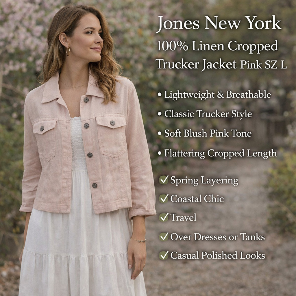 Jones New York JNY Jacket 100% Linen Pink Cropped Trucker SZL Lightweight Boho