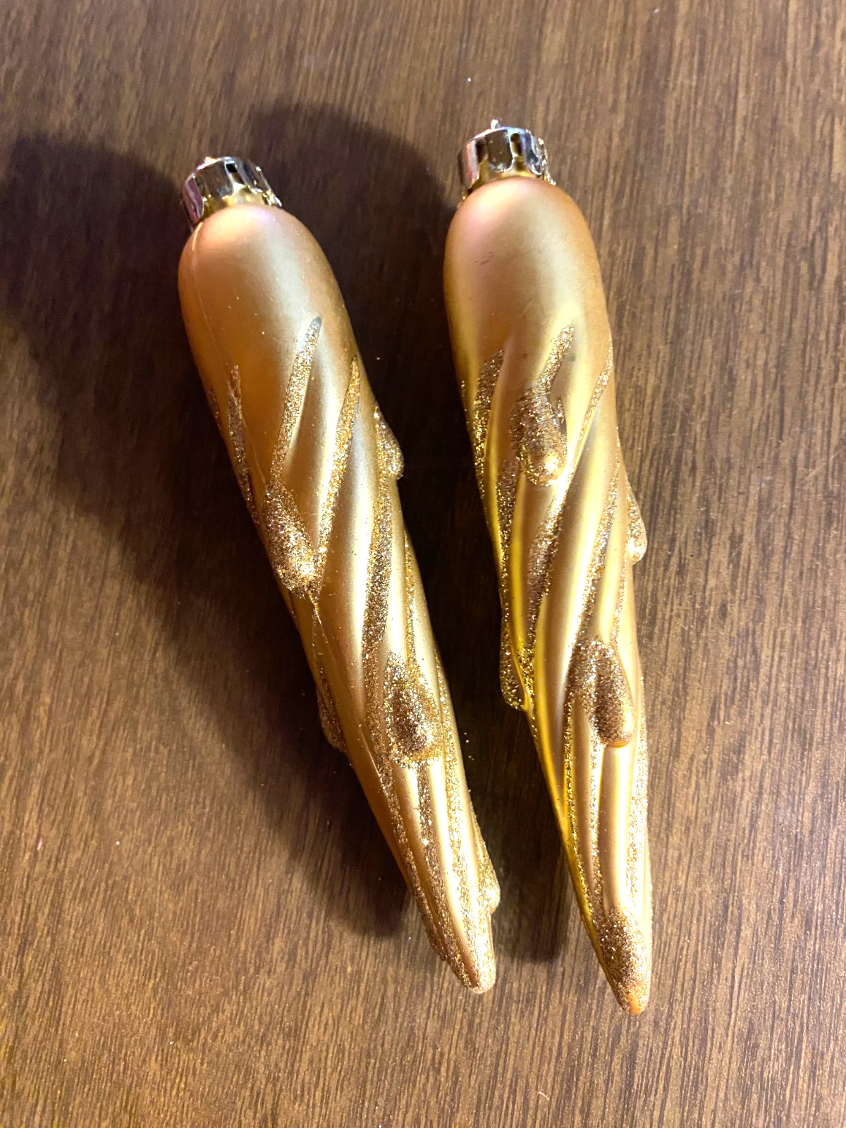 2 Gold Glitter Covered Plastic Icicles Christmas Ornament 5.5"