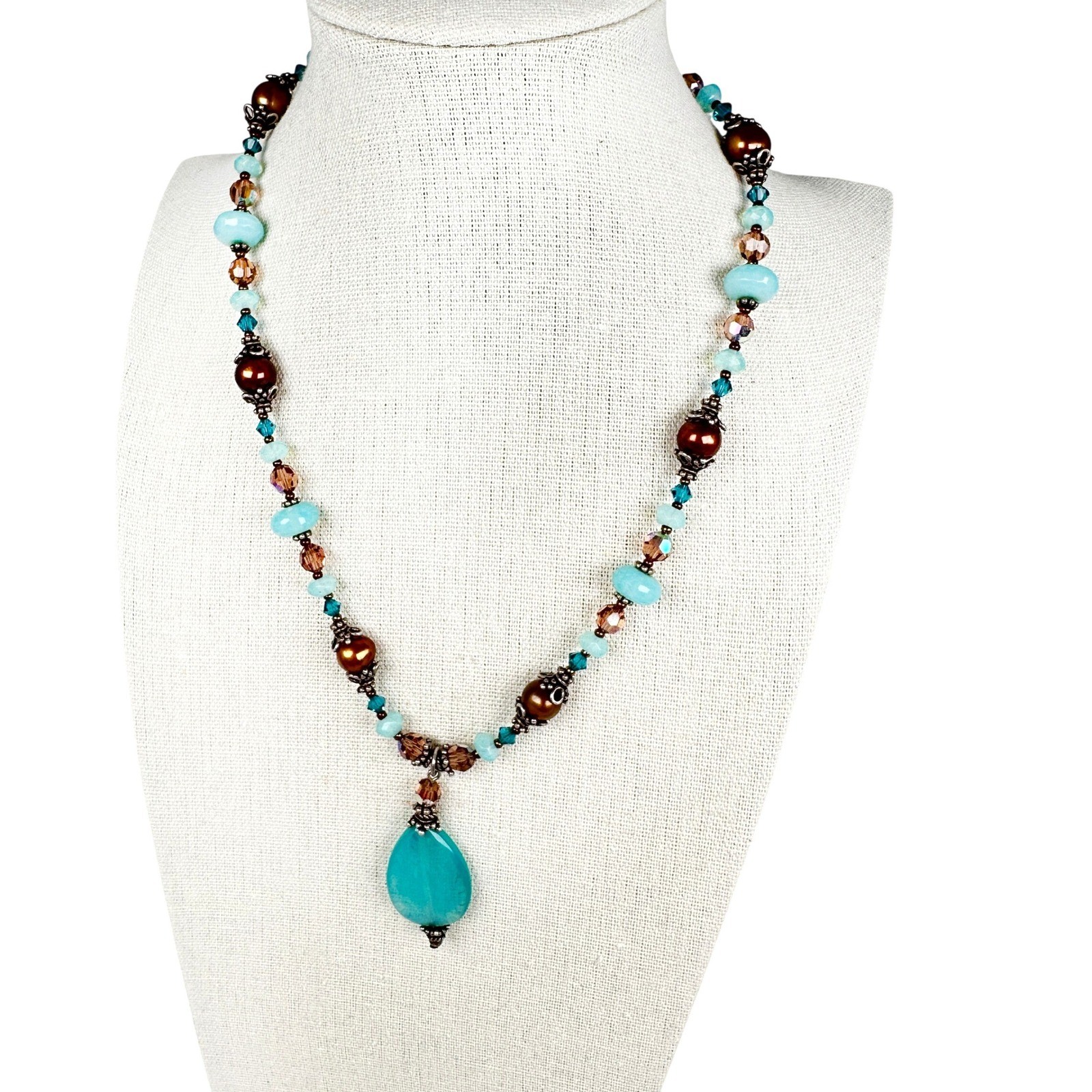 Handmade Blue Glass Pendant Necklace Pearls Bronze Crystals Boho 16 Inch