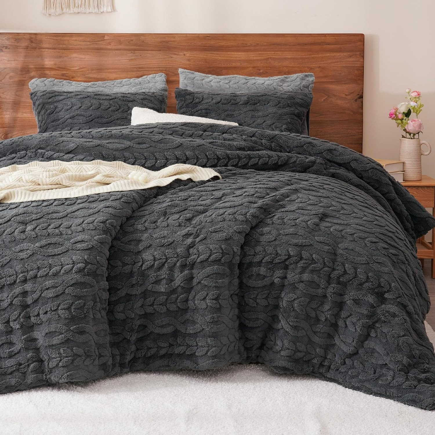 Fluffy Sherpa Fleece Queen Comforter Set, 3 Pieces Warm Fuzzy Soft Bedding for W