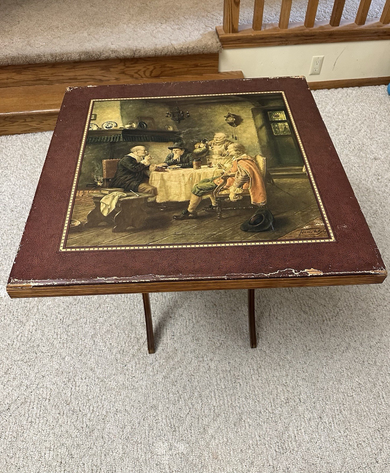 Antique Folding Card Table Tavern Scene Wood Game Table 1930s Vintage