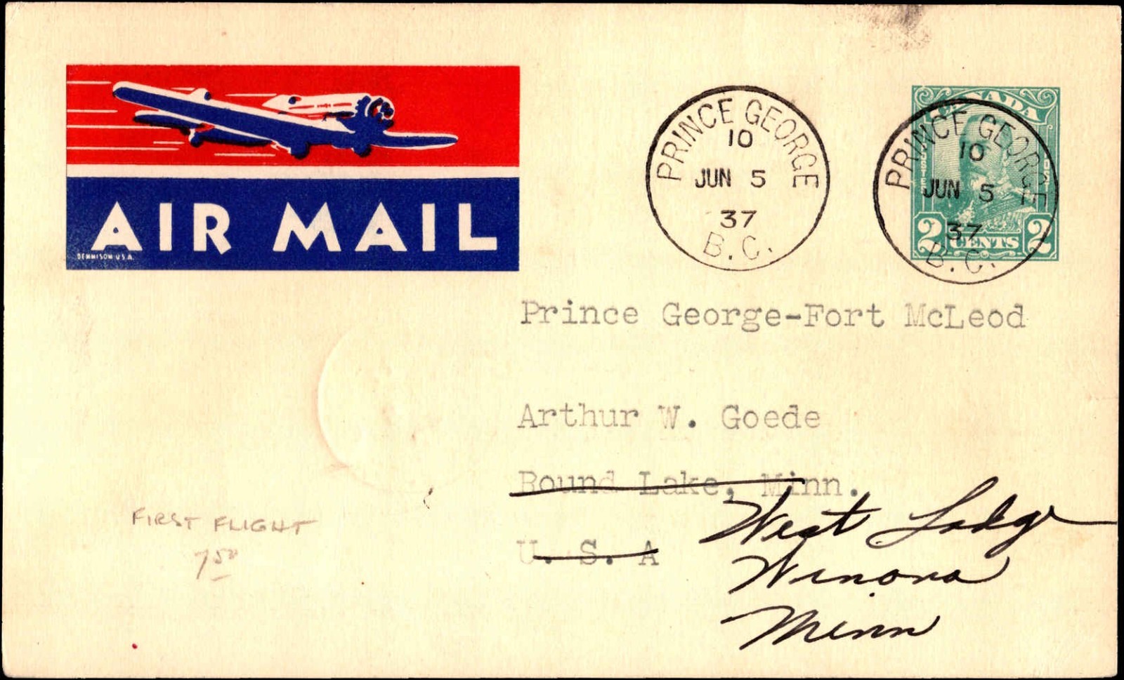 1937 Canada Prince George BC First Flight Airmail Cover