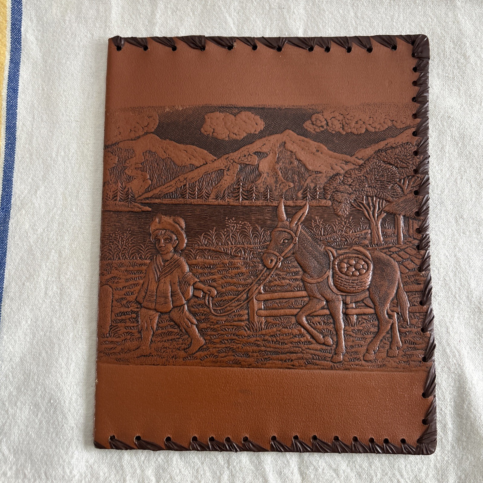 Vintage Leather Hand Made Tooled Embossed Book/Journal Cover, Boy with Donkey
