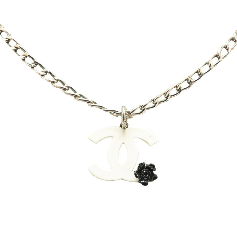 CHANEL Coco mark camellia necklace silver white metal ladies