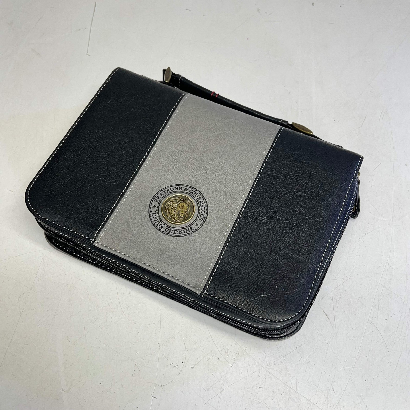CHRISTIAN ART GIFTS Joshua 1:9 Faux Leather Classic Bible Cover 6"x9" Grey/Black
