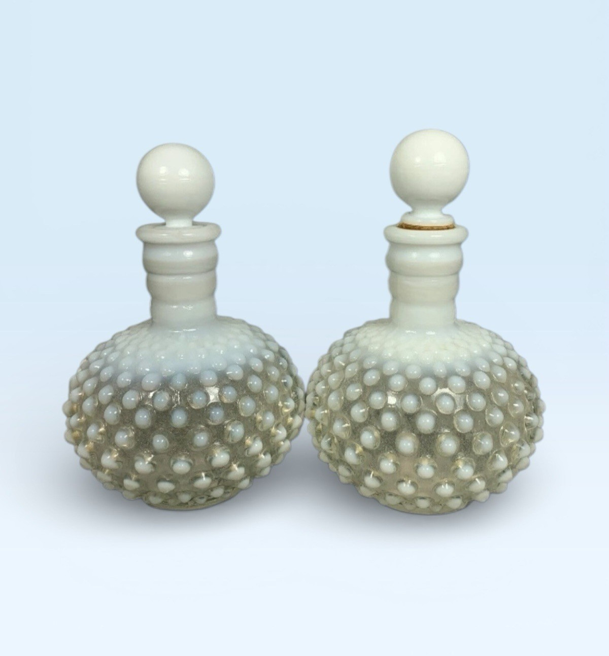 Fenton Glass Opalescent Hobnail Moonstone Perfume Vanity Bottle Vtg BROKEN CORKS