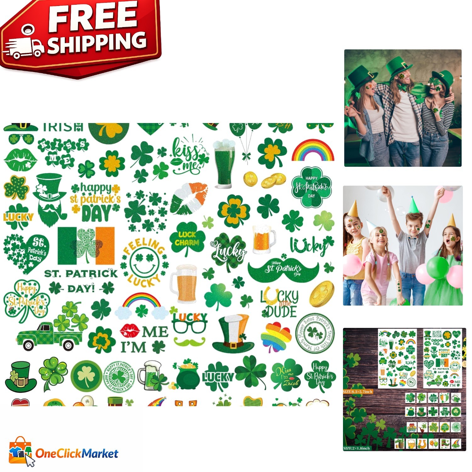 Vibrant 100+ Pack of St. Patrick's Day Glitter Tattoos - Safe & Easy Application