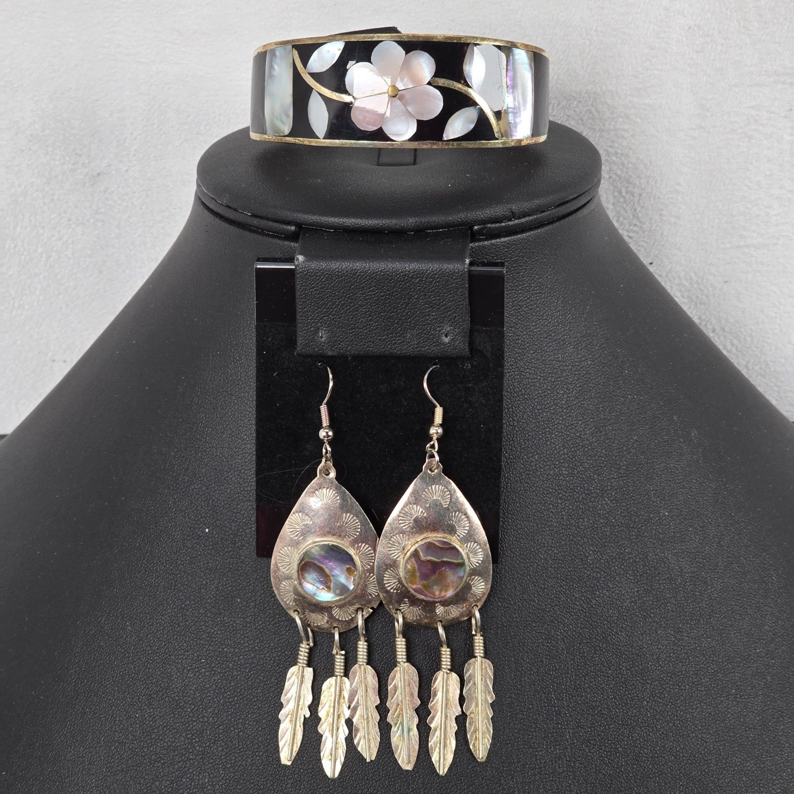 Vintage Alpaca Silver Earrings & Bracelet Abalone & Mother Of Pearl Inlay Mexico