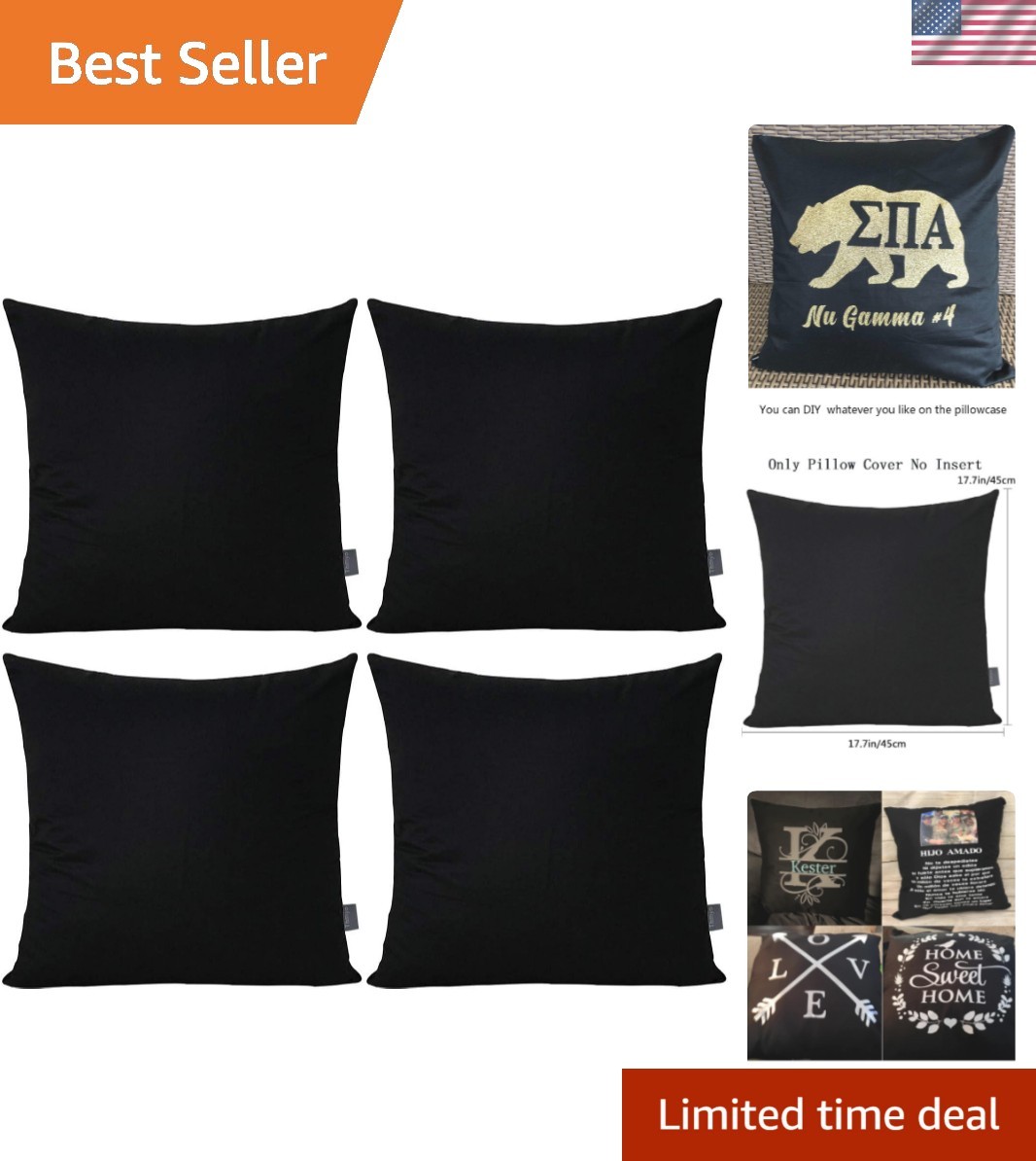 4-Pack 100% Cotton Comfortable Solid Decorative Throw Pillow Case Square Cush...