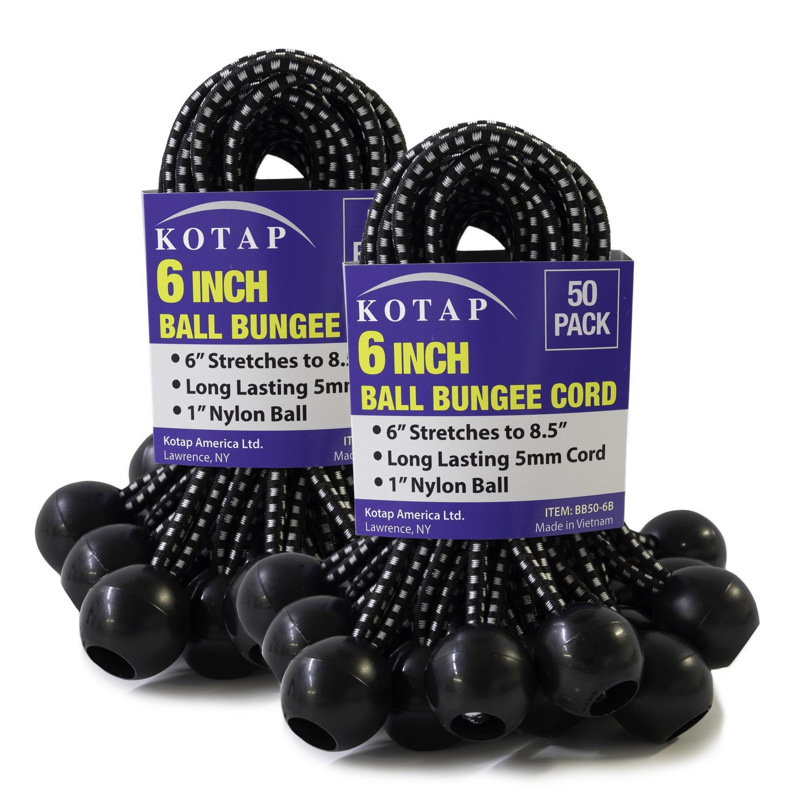 Kotap BB-6B Ball Bungee Cord, Heavy-Duty & Versatile, 6 Inch, Black/White 