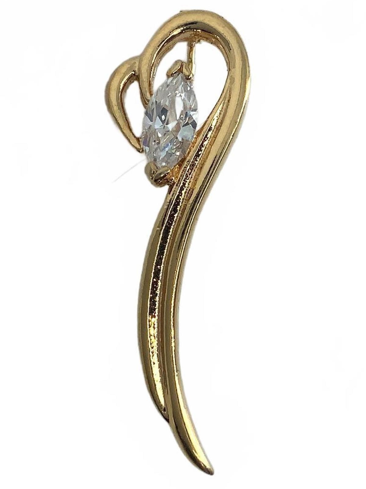 Vintage Gold Tone Marquise Crystal Modernist Ribbon Brooch Small Minimalist Pin