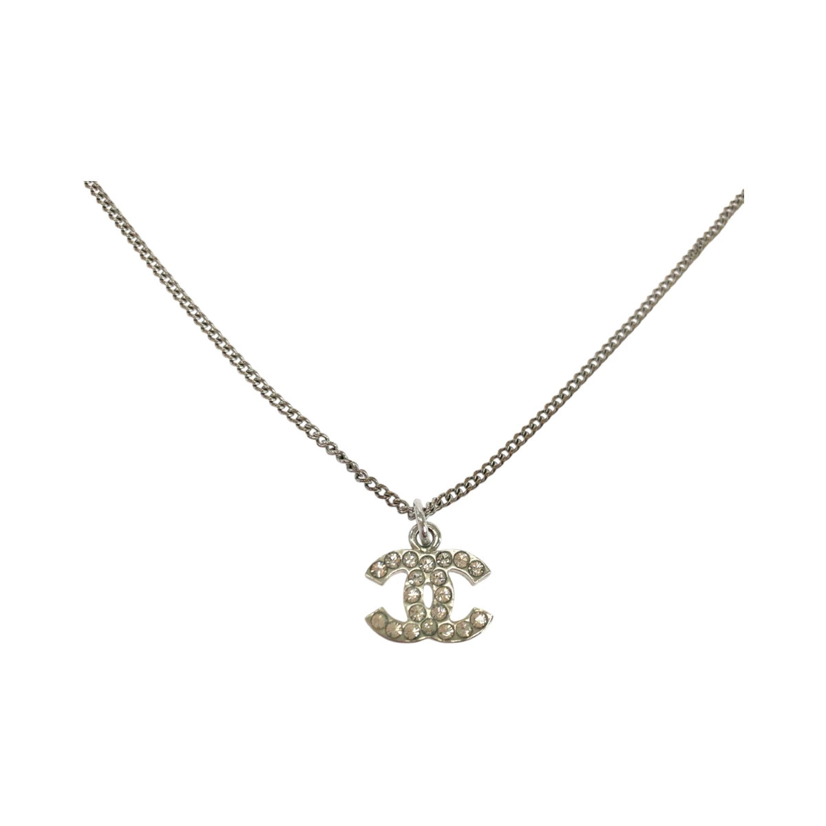 CHANEL Vintage Coco Mark Rhinestone Silver Plated Necklace Women s 503742