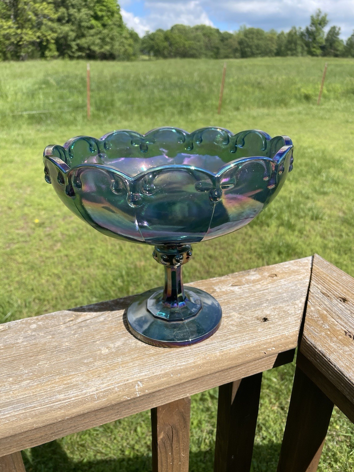 Vintage Indiana Glass Iridescent Blue Carnival Pedestal Compote Candy Dish 8"