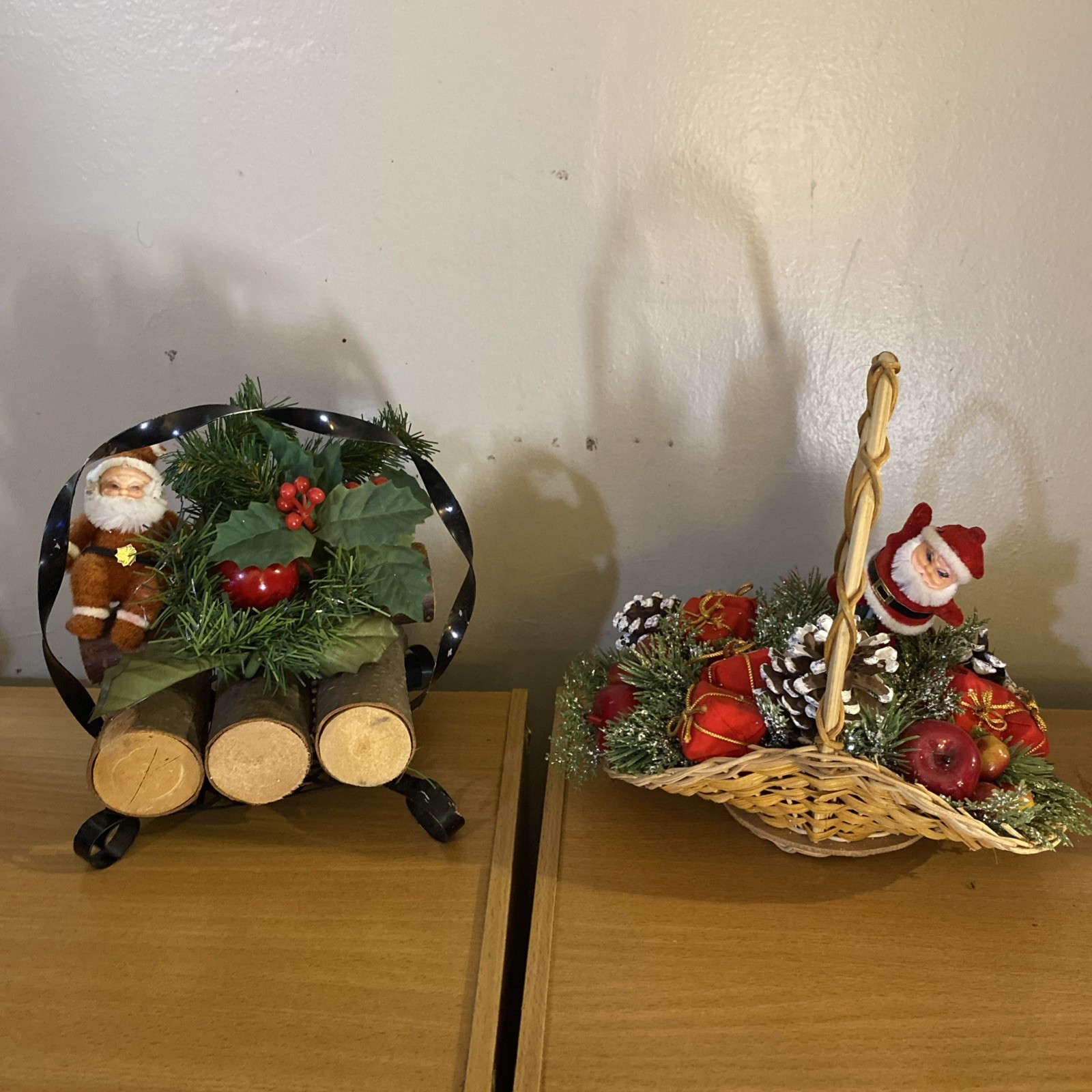 Vintage Christmas Santa Decorations in Basket & On Yule Logs Centerpiece