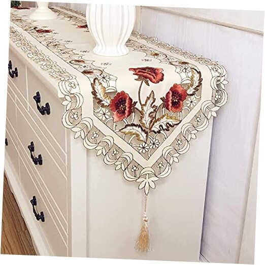 Vintage European Flower Lace Rectangle Table Runner 16"×69" (40X176CM) Wine Red