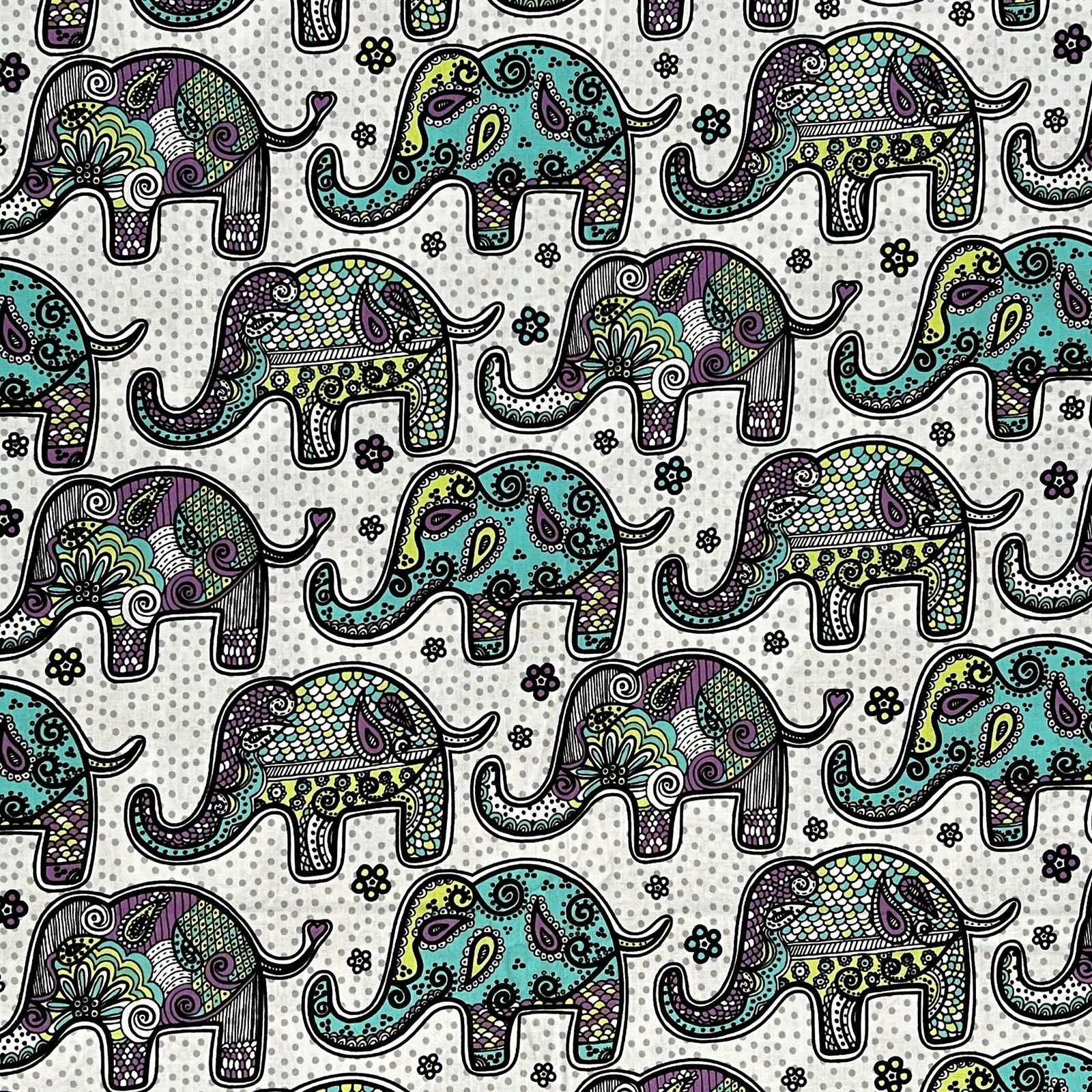 24" Joann Elephant Aqua Purple White Gray Dot Boho Animal Print Cotton Fabric