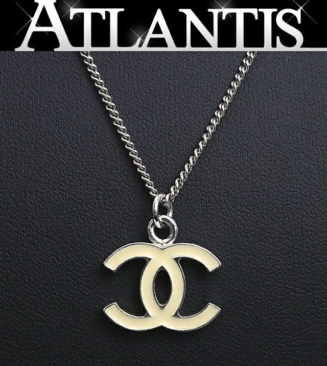 CHANEL Coco Mark Reversible Necklace White x Silver 05V 18426
