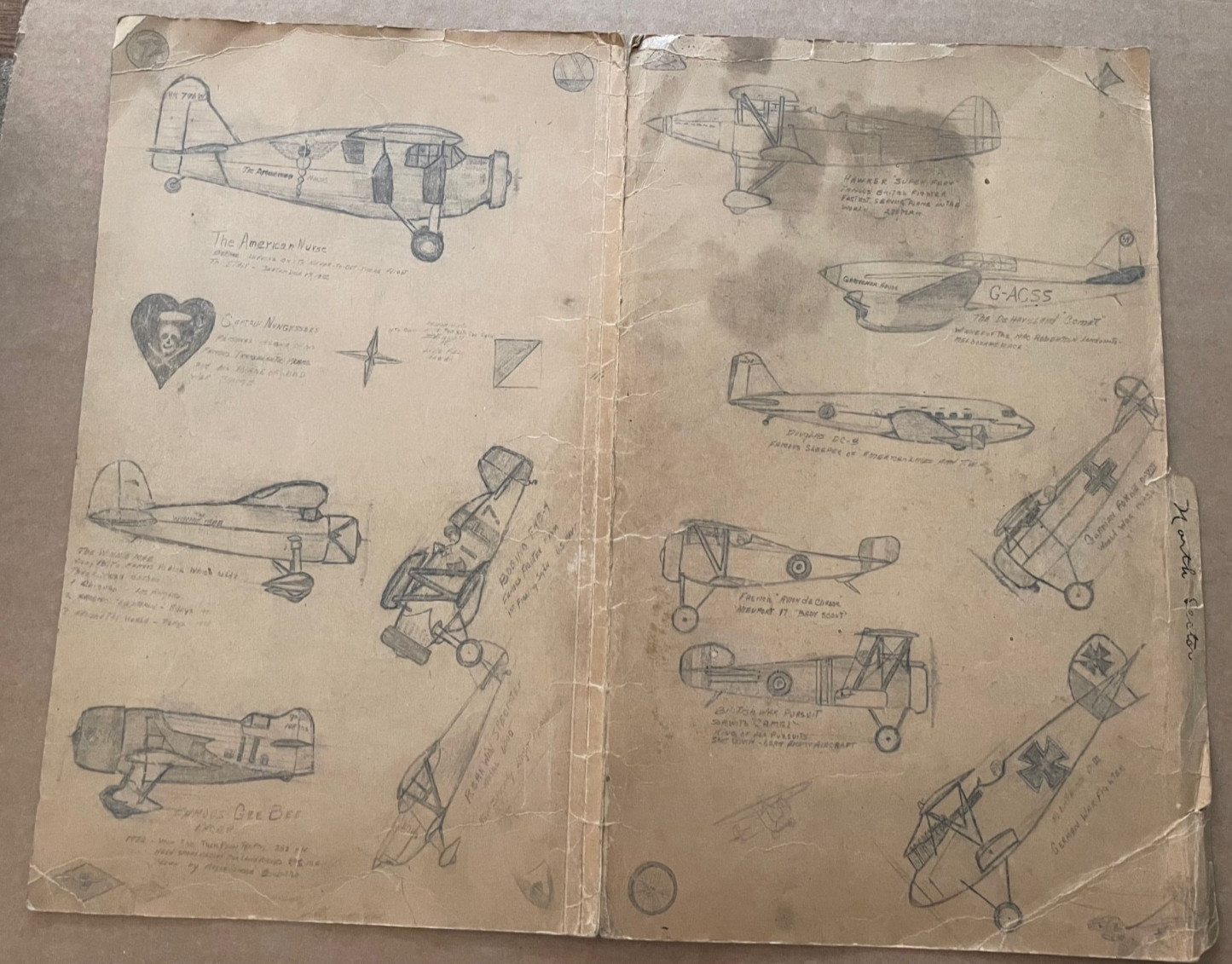 Vintage HAND DRAWINGS Pencil Airplanes Folder US GERMAN FRENCH Fighter WWII era