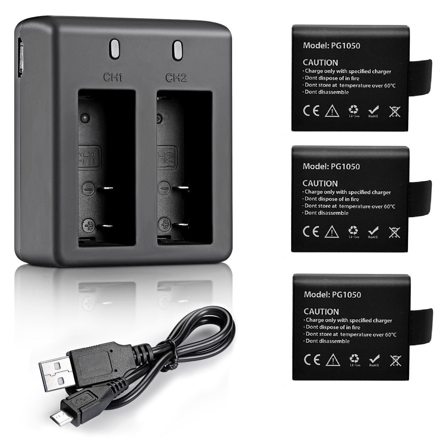 3 x 1050mAh Rechargeable Action Battery with USB Dual Charger with AKASO EK70...