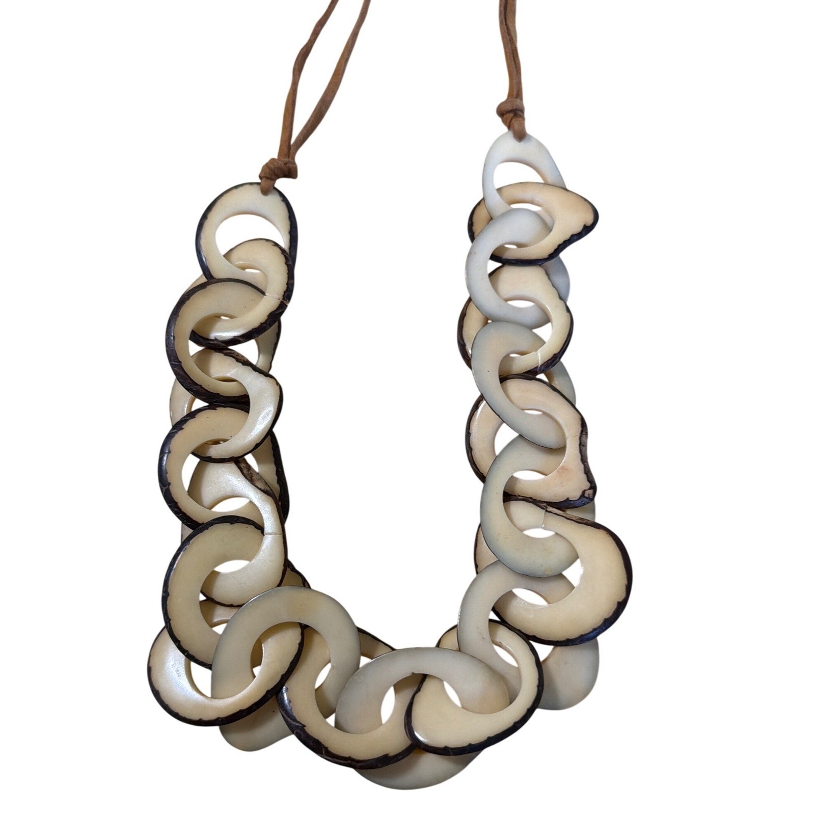 Natural Bone Shell Link Chunky Statement Necklace Cream Brown Suede Cord
