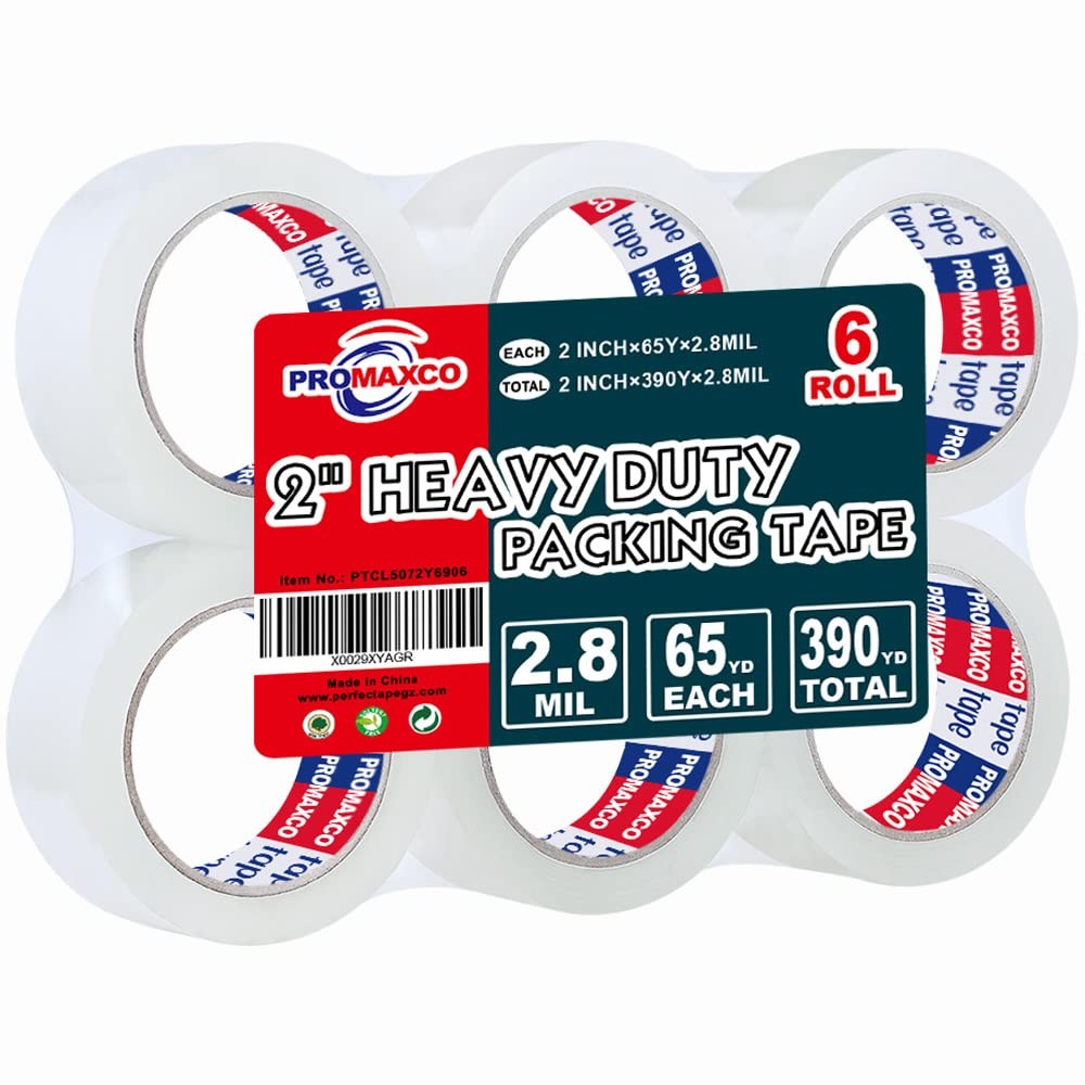 Heavy Duty Packing Tape 6 Rolls, Total 390Y, Clear, 2.8 mil, 1.88 inch x 65 Y...